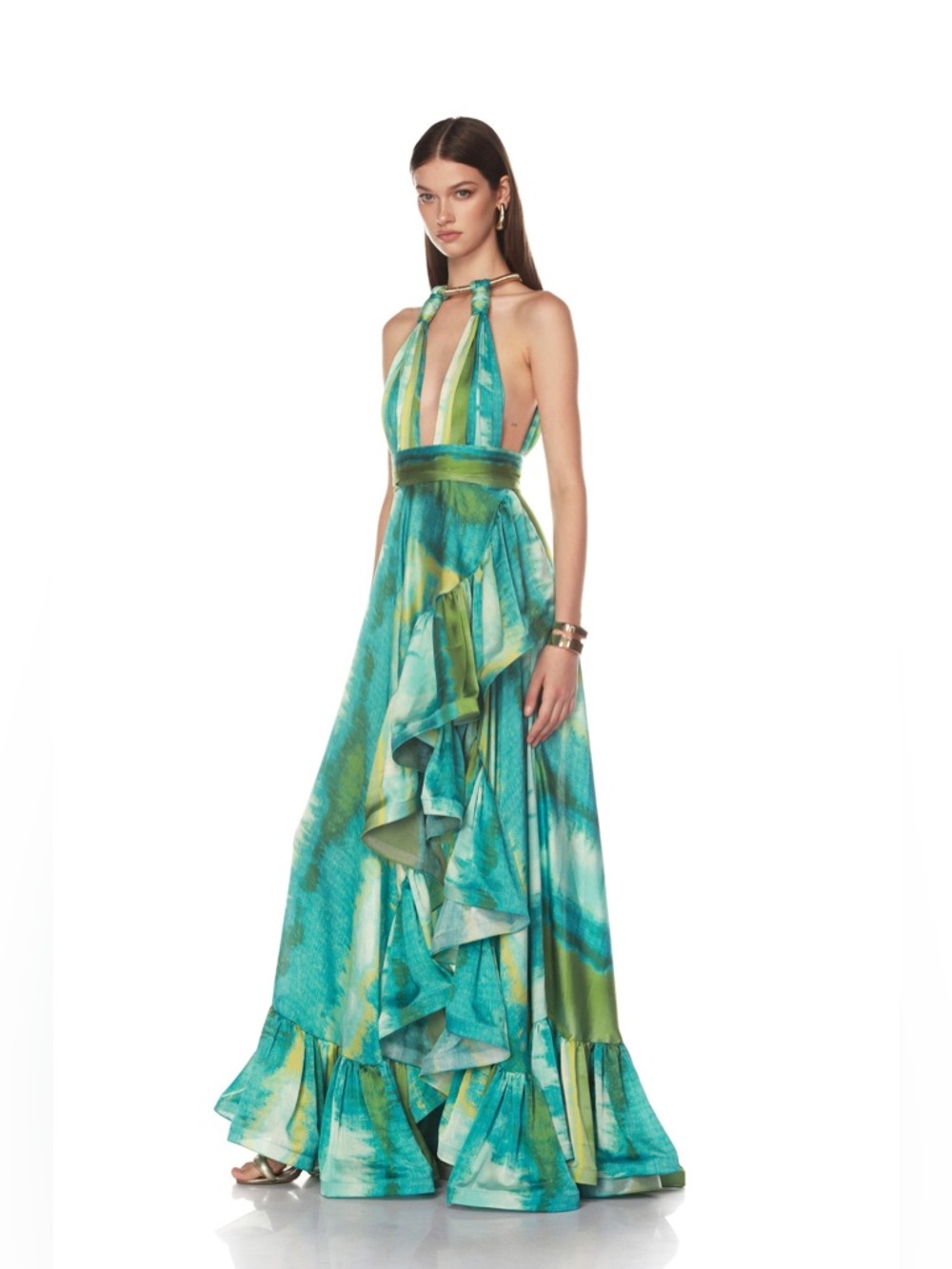 Bronx and Banco Palma Coastal Gown Teal & Lime Halter High-Low Ruffle Maxi Dress - Picture 7 of 17